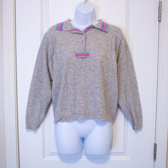 Preppy VTG L Idioms Sweater Lambswool Grey Colorblock 90s Henley | Bright Winter - Picture 1 of 8
